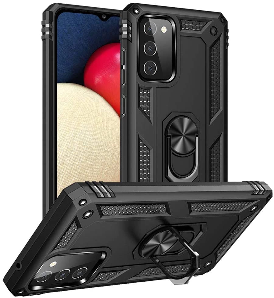 Tech Armor Ring Stand Grip Case with Metal PLATE for Samsung Galaxy A02S (Black)